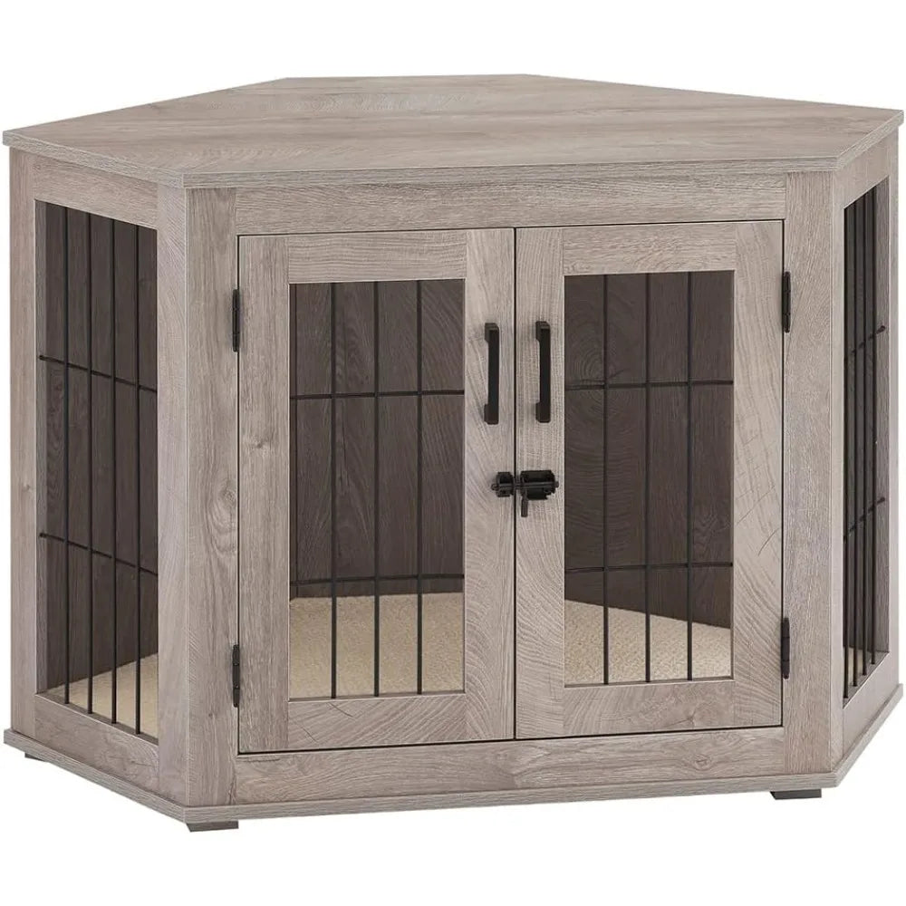 Furniture Corner Dog Crate/Kennel Wooden End Table with Cushion, Indoor Pet Crate Side Table for Small Medium Dogs Puppy, Perfe