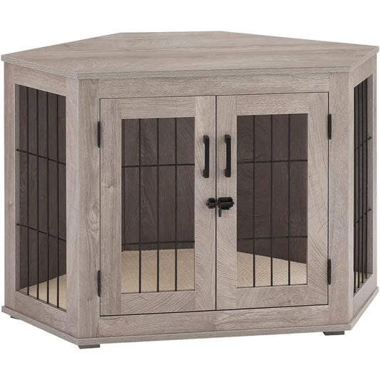 Furniture Corner Dog Crate/Kennel Wooden End Table with Cushion, Indoor Pet Crate Side Table for Small Medium Dogs Puppy, Perfe