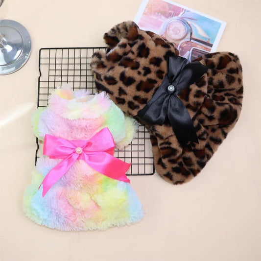 Winter Dog Dress Fleece Leopard Print Bow Plush Skirt