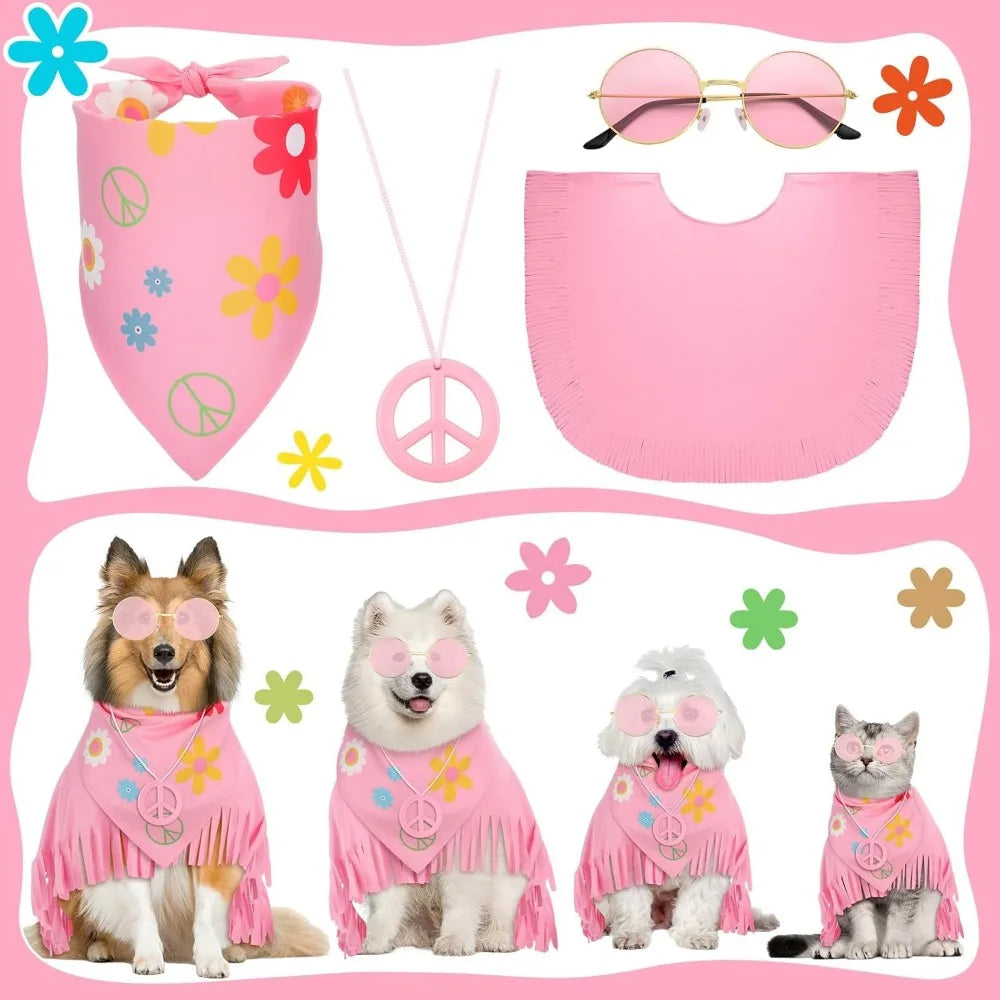 Hippie Dog Halloween Costume Set Pink Cloak Bandana Necklace