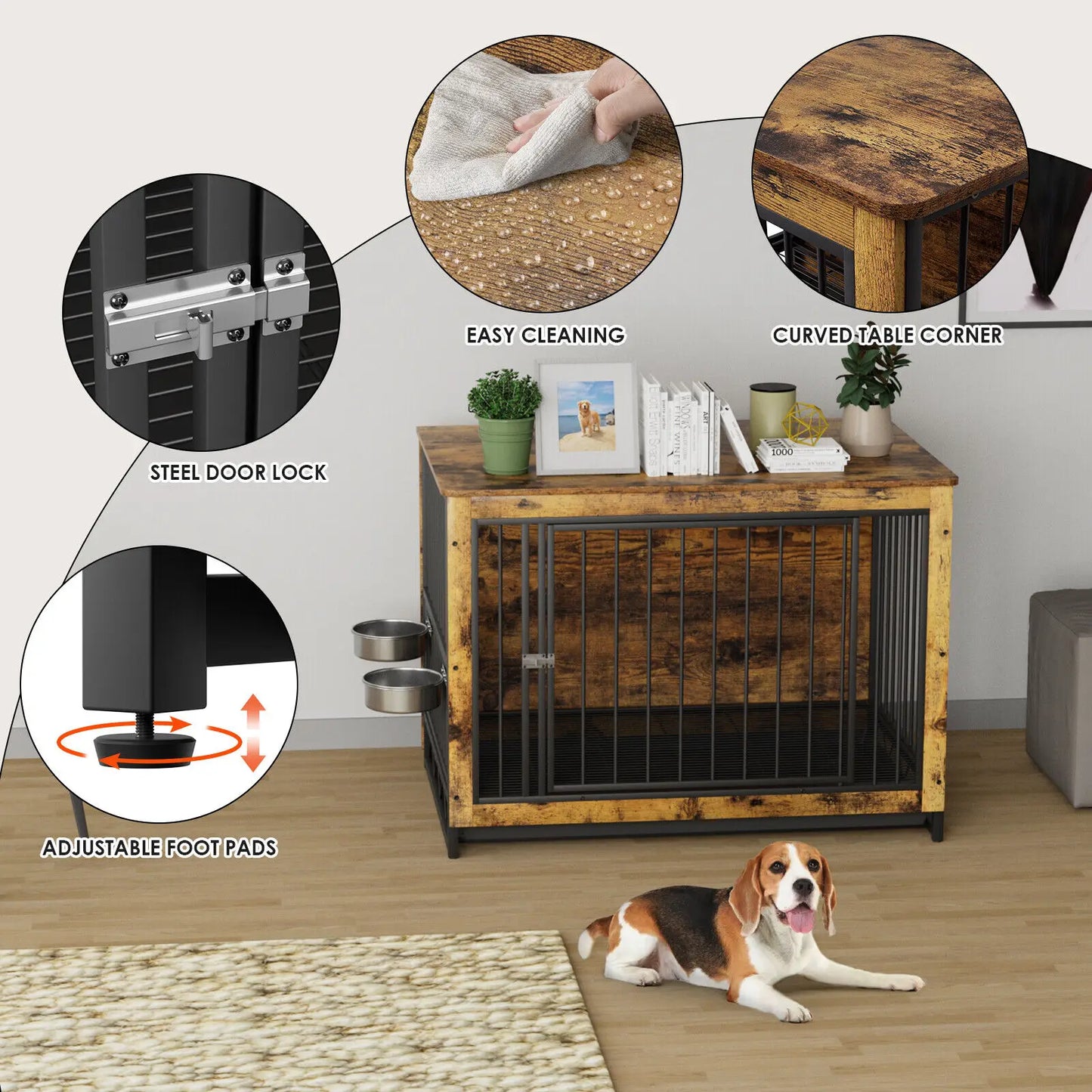 Wooden Dog Crate Furniture With 360 Rotatable Removable Bowls End Table Tray Double Doors Kennels For Medium Indoor Dogs