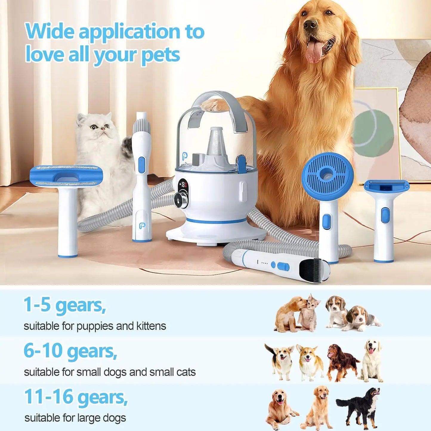 Pet Grooming Vacuum Kit 5 In 1 With 2.0L Dust Cup Low Noise