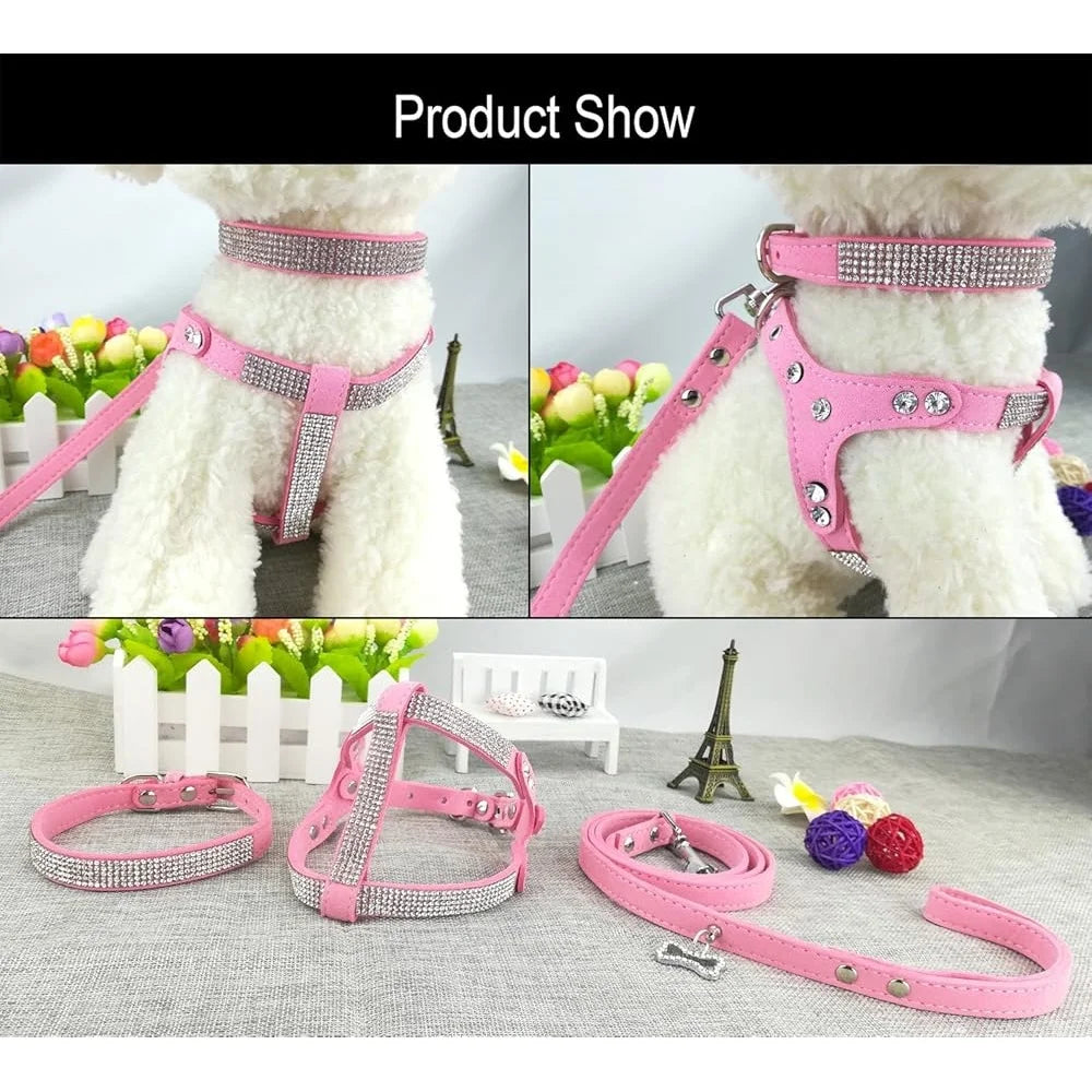 Comfortable Soft Dog Collar and Harness Set with Leash Stylish Diamante Design for Small Pets Training and Outdoor Activity