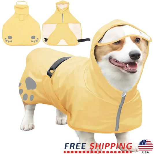 Hooded Reflective Dog Raincoat Waterproof Pet Jacket With Adjustable Belly Strap Leash Hole For Outdoor Activities