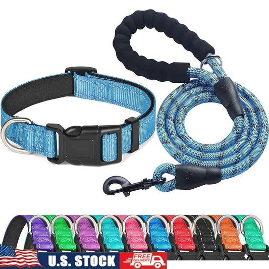 Adjustable Reflective Dog Collar Padded Neoprene Durable Nylon for Small Medium Large Dogs with Bonus 5ft Leash