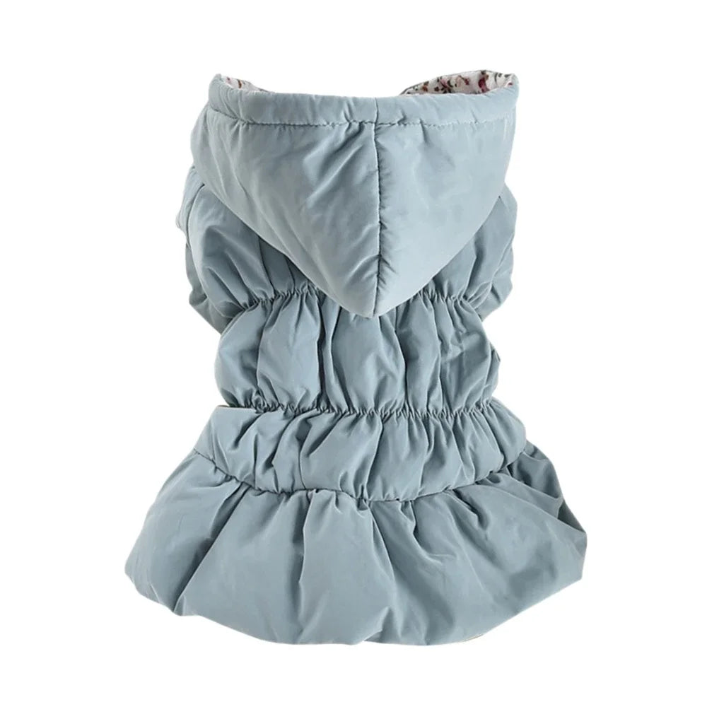 Winter Warm Dog Dress Floral Bubble Skirt Hooded Coat