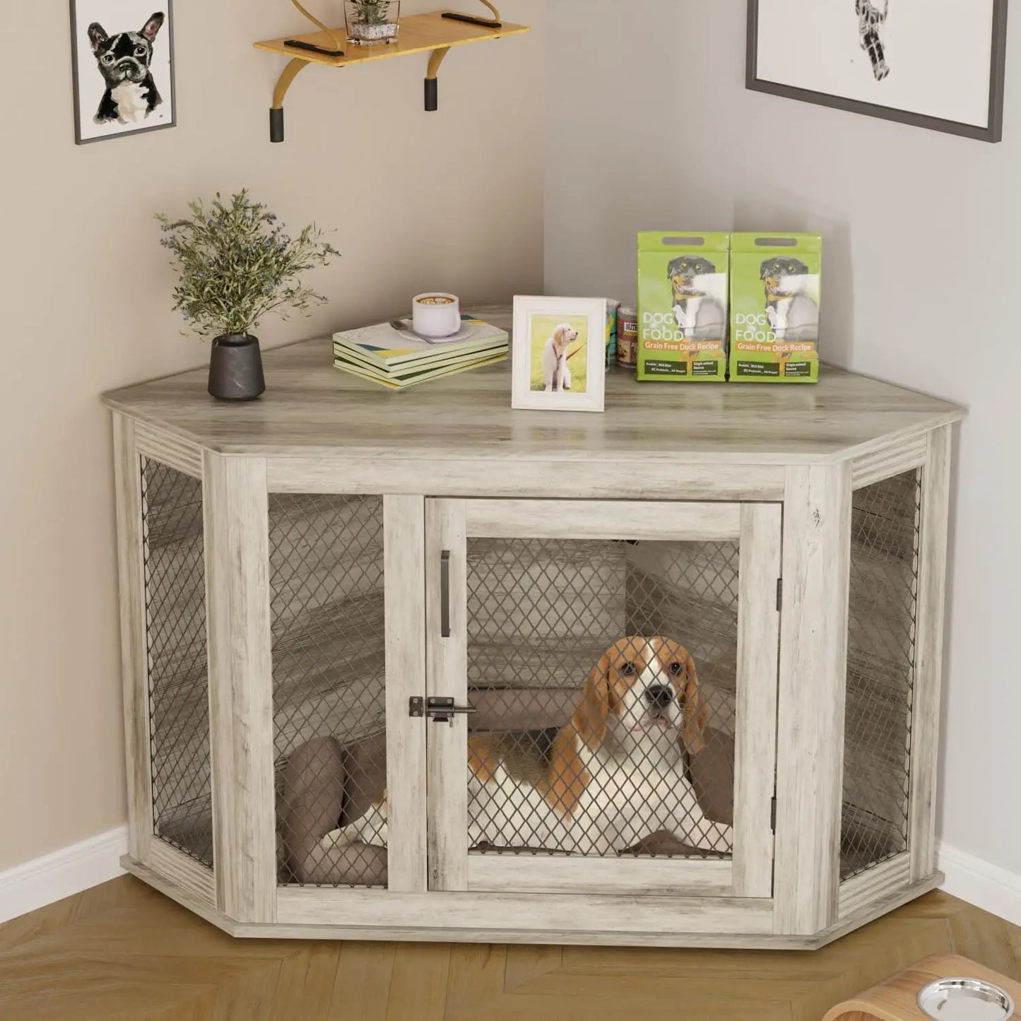 44 Inch Corner Dog Crate Furniture Wooden Kennel With Mesh