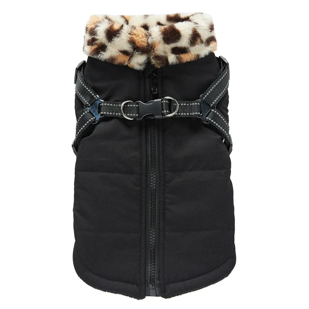 Winter Warm Dog Jacket With Harness Fur Collar For Dogs