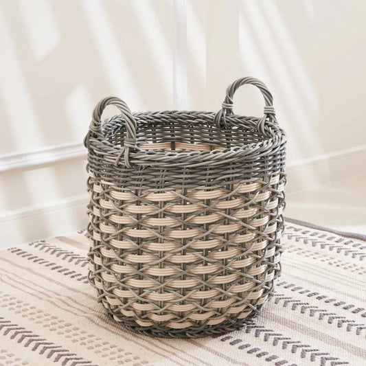 Zita Round Resin Woven Wicker Multi Use Storage Basket with Handles 18 Inch x 18 Inch x 19.6 Inch White Gray for Towel Toys Magazines