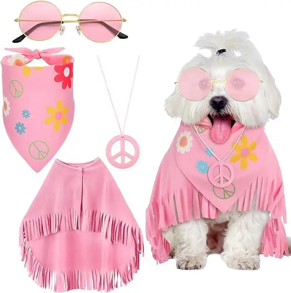 Hippie Dog Halloween Costume Set Pink Cloak Bandana Necklace