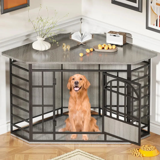 Corner Dog Crate Furniture 52 Inch Large Indoor Wooden End Table Modern Dog Cage Decorative Pet House TV Stand