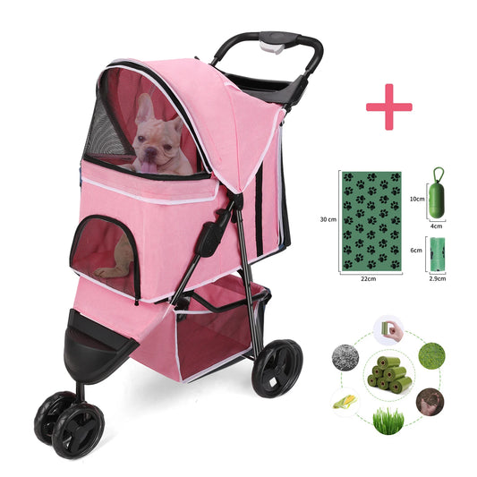 Three Wheel Foldable Pet Stroller For Dogs And Cats With Storage Basket And 360 Degree Swivel Handle
