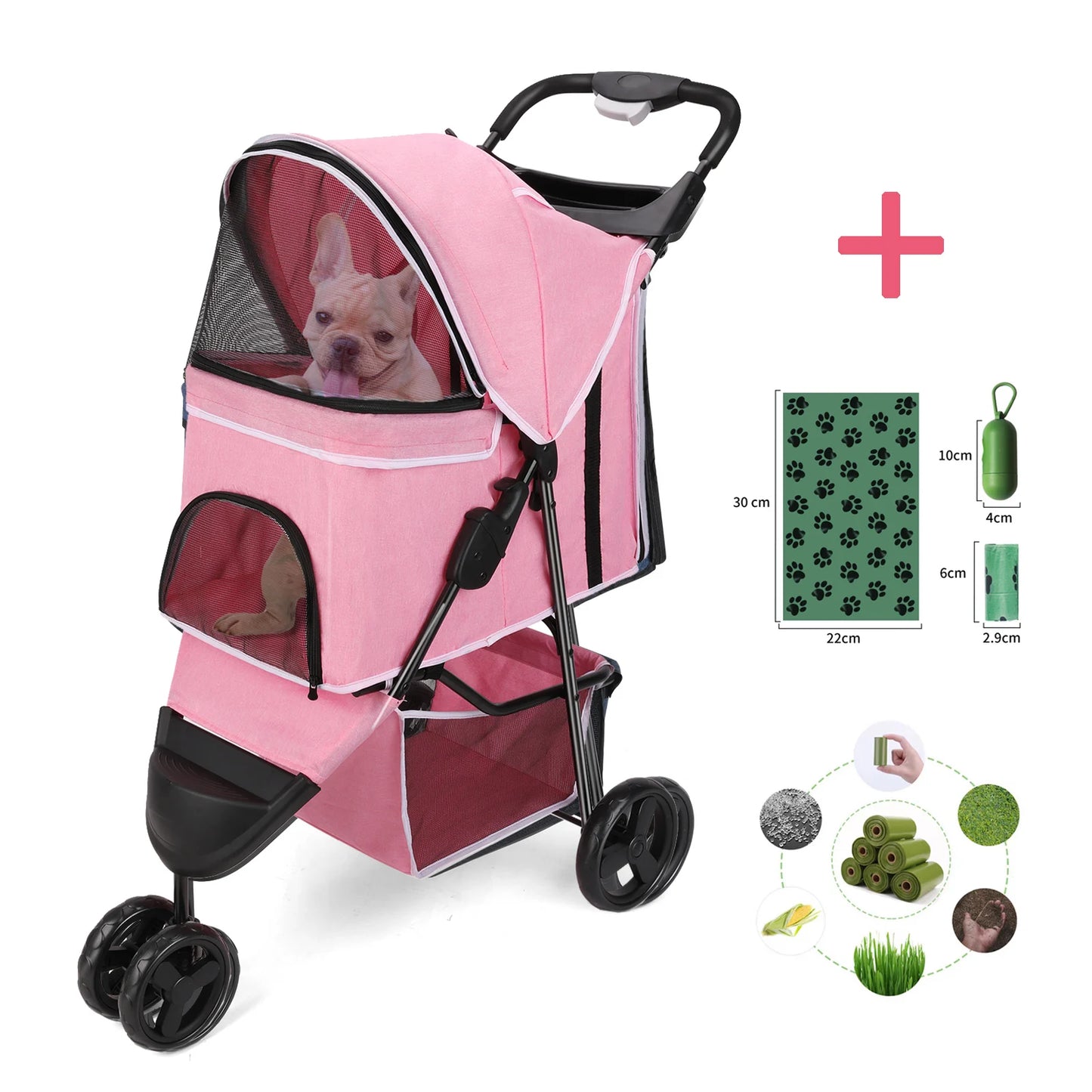 Three Wheel Foldable Pet Stroller For Dogs And Cats With Storage Basket And 360 Degree Swivel Handle