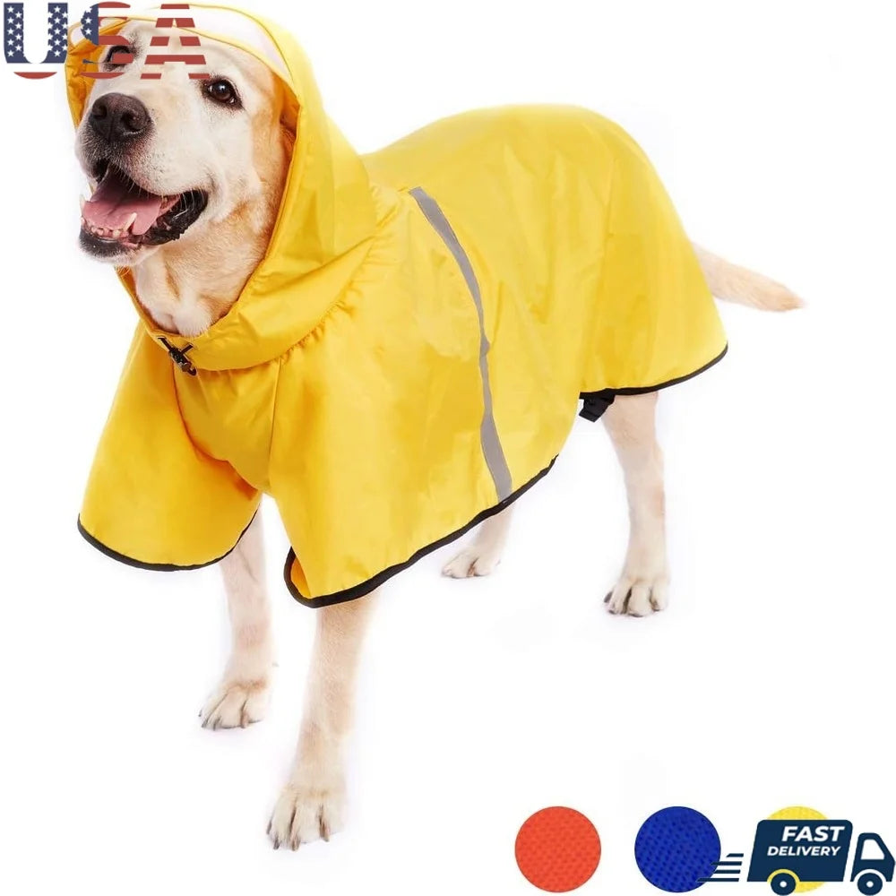 Waterproof Dog Raincoat Hooded Slicker Reflective Strip