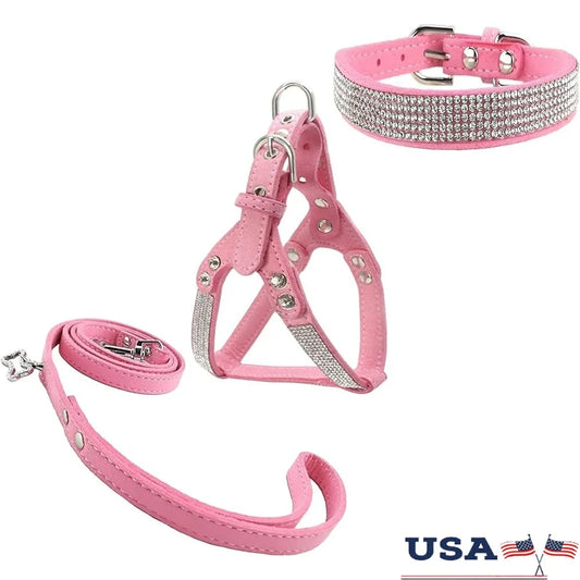Comfortable Soft Dog Collar and Harness Set with Leash Stylish Diamante Design for Small Pets Training and Outdoor Activity