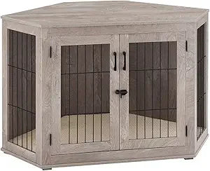 Furniture Corner Dog Crate/Kennel Wooden End Table with Cushion, Indoor Pet Crate Side Table for Small Medium Dogs Puppy, Perfe