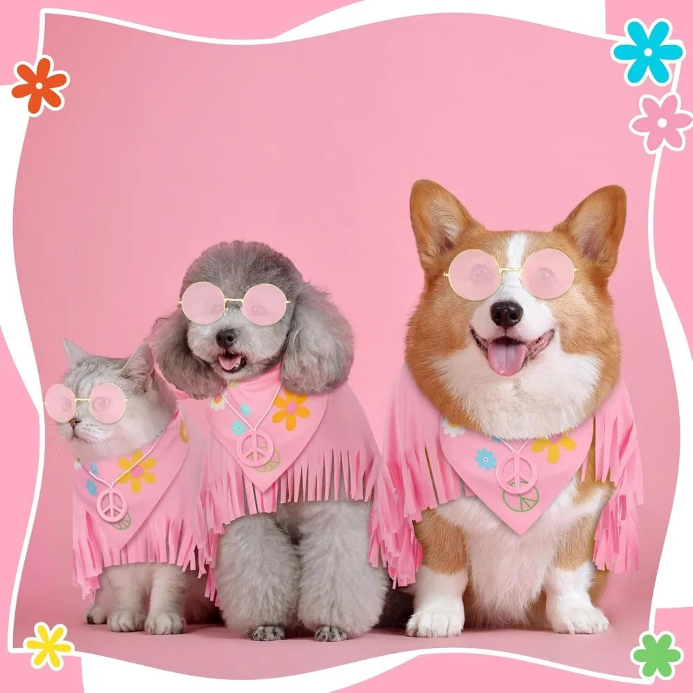Hippie Dog Halloween Costume Set Pink Cloak Bandana Necklace