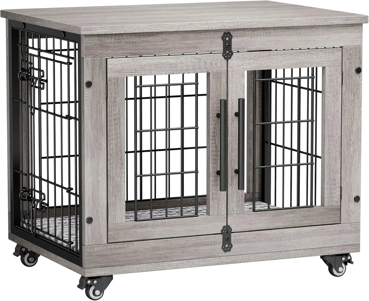 Indoor Wooden Dog Kennel With Cushion And Wheels End Table