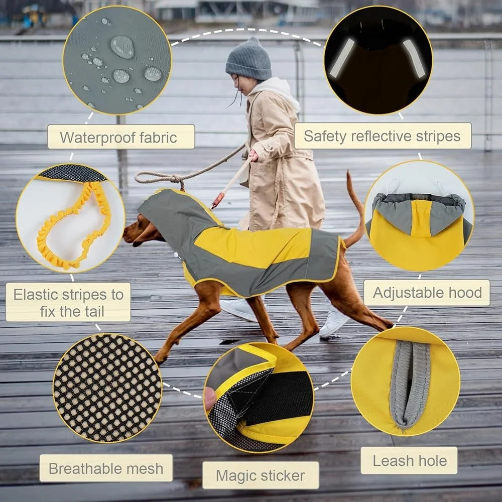 Waterproof Dog Raincoat Windproof Pet Rain Jacket with Reflective Strips Adjustable Fit Quick Dry Hooded Rain Poncho for Outdoor Use