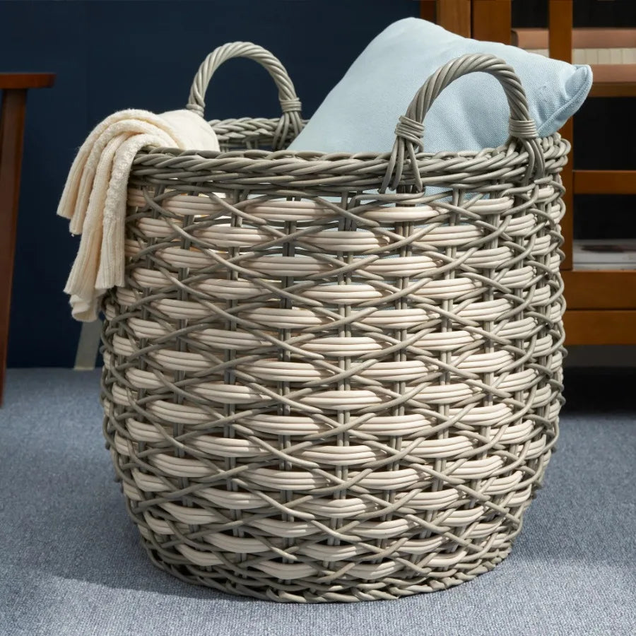 Zita Round Resin Woven Wicker Multi Use Storage Basket with Handles 18 Inch x 18 Inch x 19.6 Inch White Gray for Towel Toys Magazines