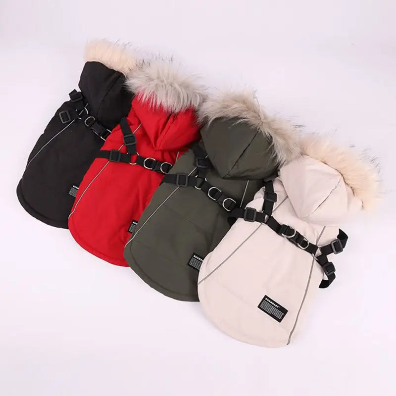 Autumn Winter Warm Dog Jacket With Harness Hooded Coat