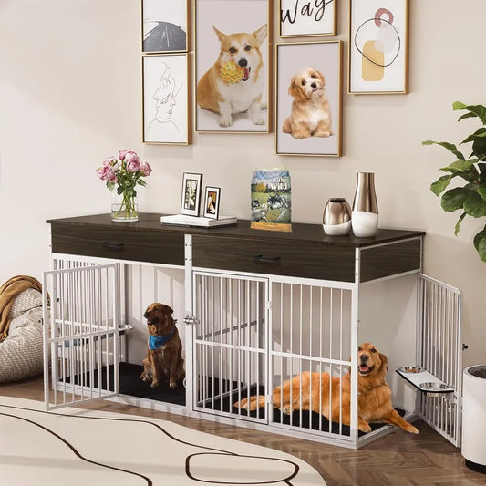 71 Inch Heavy Duty Large Dog Crate 2 Dogs TV Stand Wood