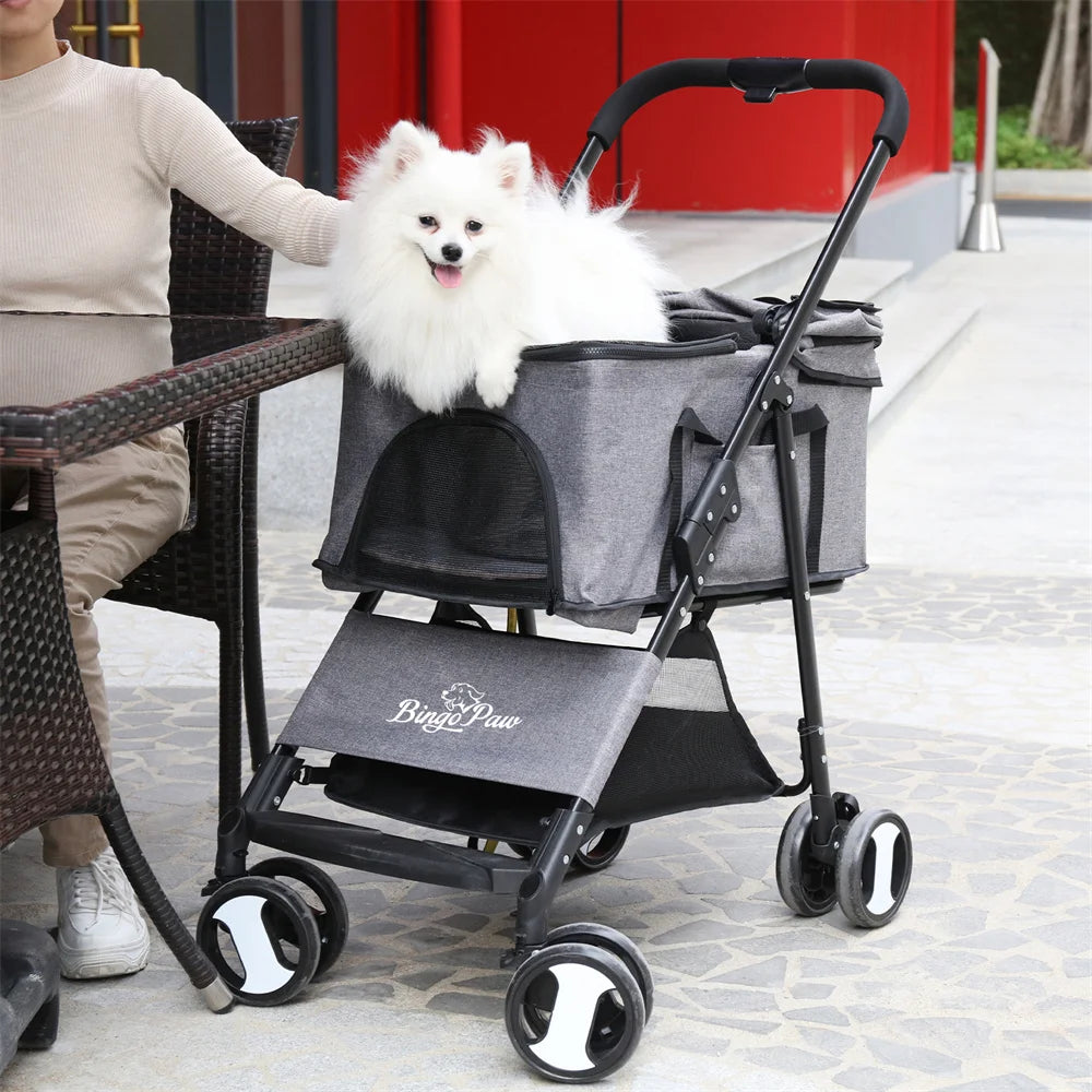 Foldable Pet Stroller Travel Carrier For Dogs And Cats With 4 Wheels And Rain Cover