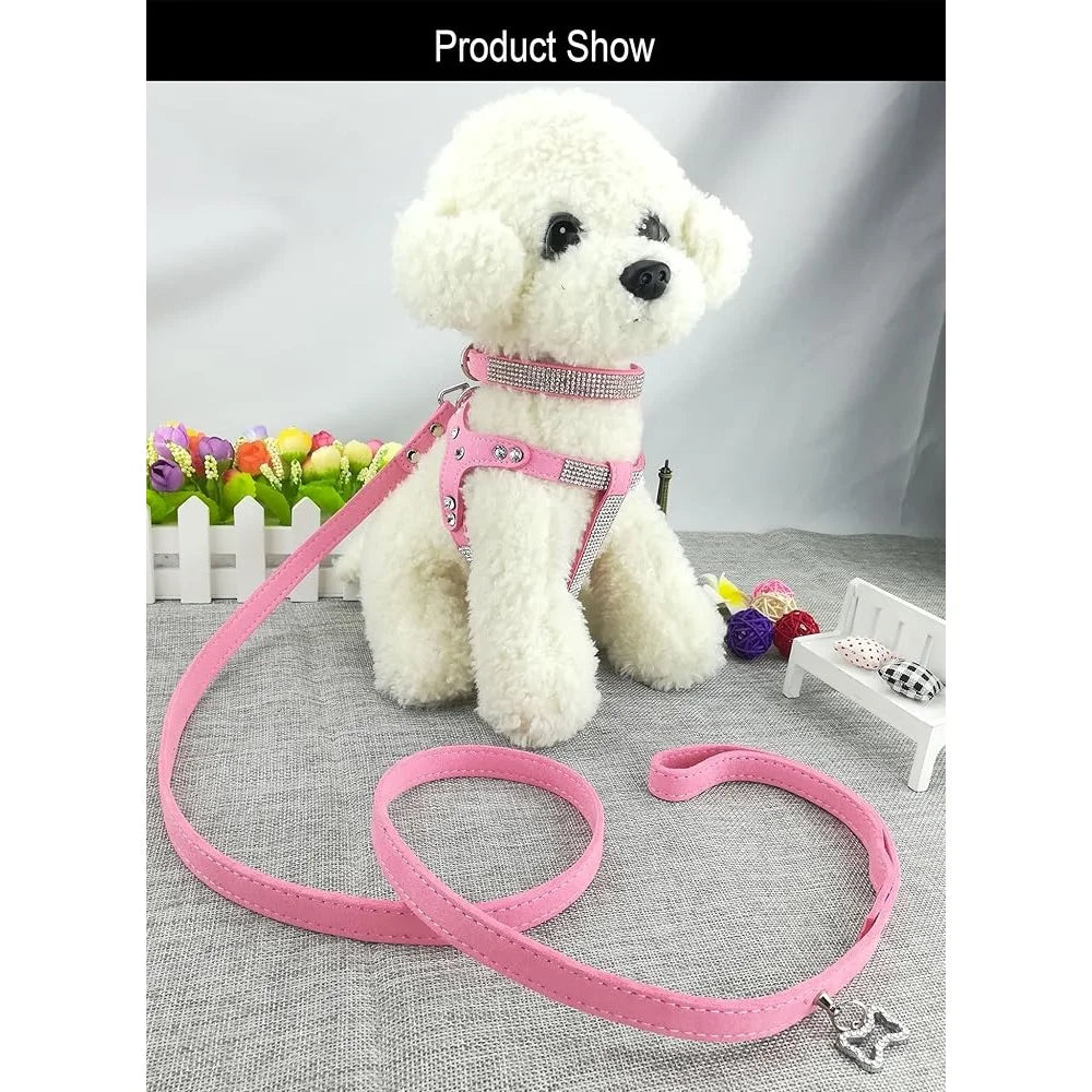 Comfortable Soft Dog Collar and Harness Set with Leash Stylish Diamante Design for Small Pets Training and Outdoor Activity