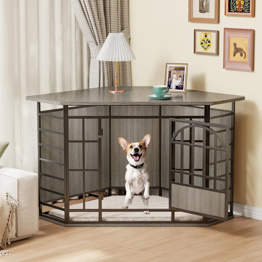 Corner Dog Crate Furniture 52 Inch Large Indoor Wooden End Table Modern Dog Cage Decorative Pet House TV Stand