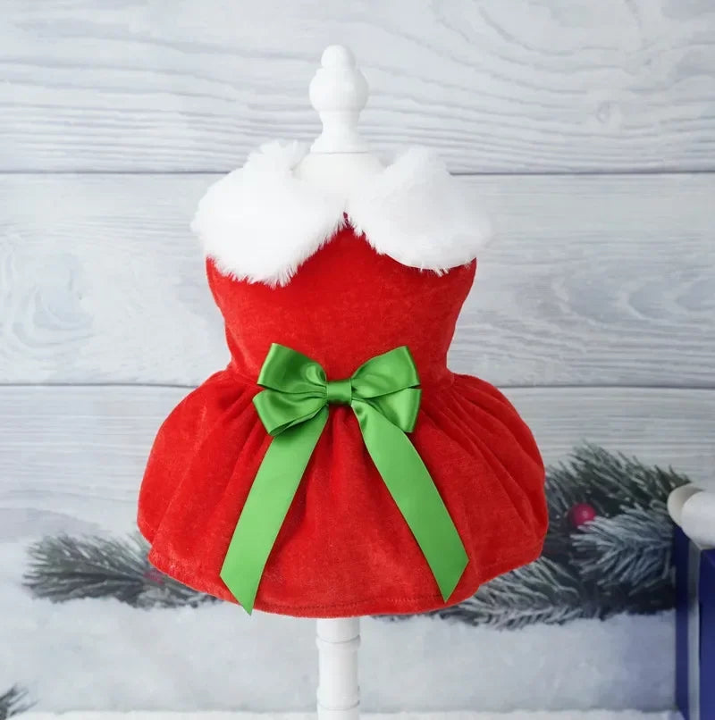 Christmas Dog Coat Dress Red Skirt Bow Warm Holiday Costume