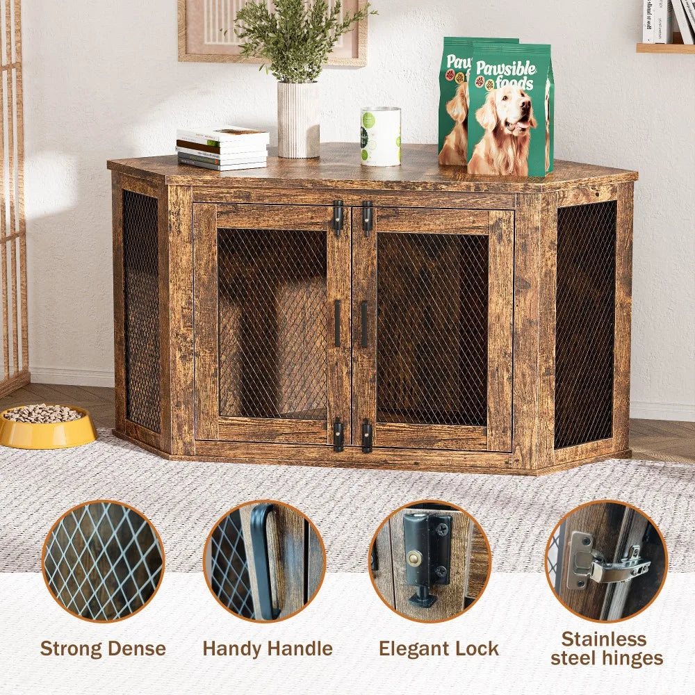 Wooden Corner Dog House Kennel With Metal Mesh Door Space Saving Crate For Small To Medium Dogs Brown