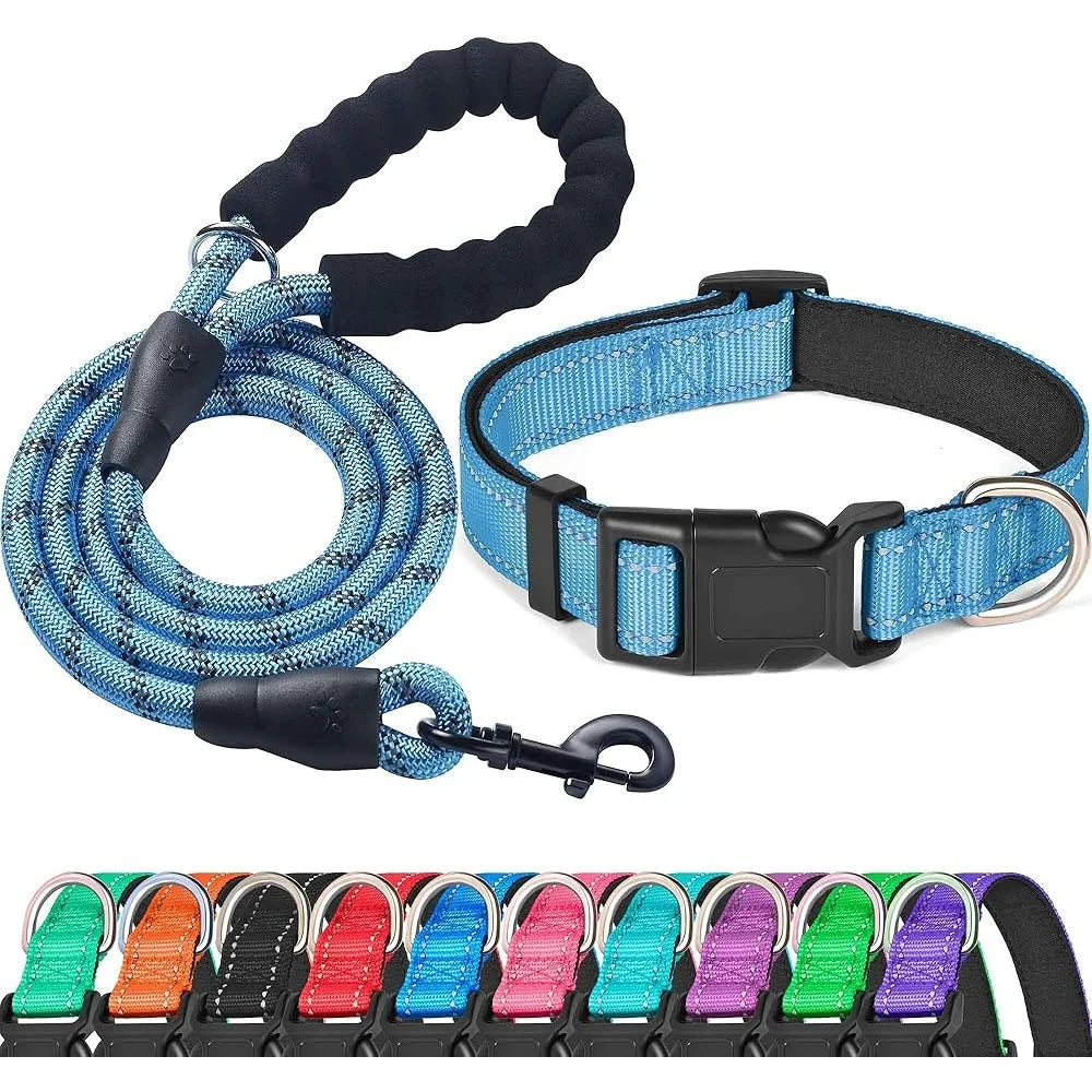 Adjustable Reflective Dog Collar Padded Neoprene Durable Nylon for Small Medium Large Dogs with Bonus 5ft Leash