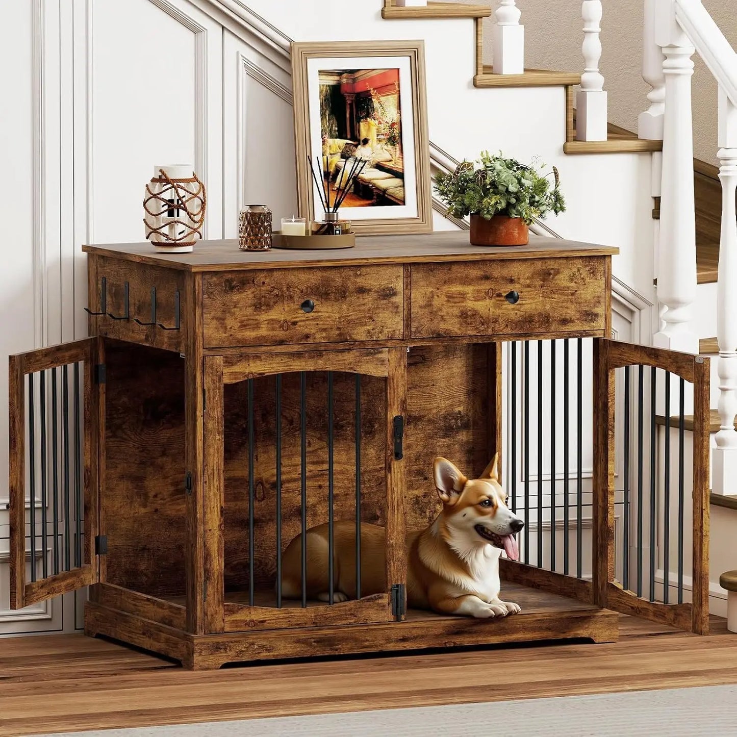 Wooden Dog Crate End Table Furniture With Storage Drawers And Double Doors Heavy Duty Kennel