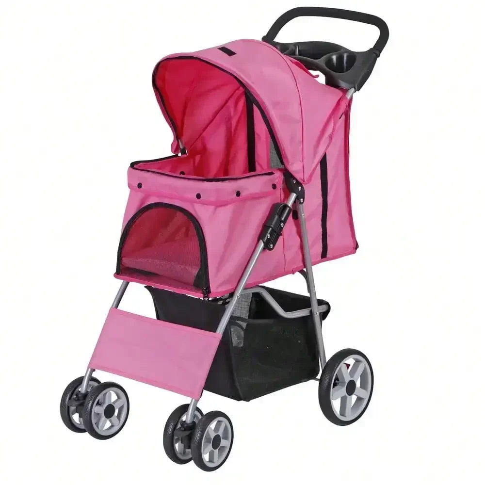 Foldable Carrier Strolling Cart 4 Wheel Pet Stroller, for Cat, Dog w/ Cup Holder