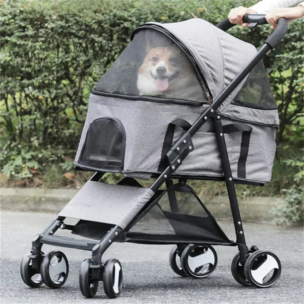 Foldable Pet Stroller Travel Carrier For Dogs And Cats With 4 Wheels And Rain Cover