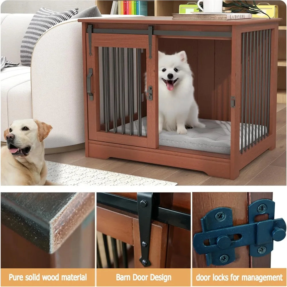 Solid Wood Farmhouse Style Dog Crate With Dual Door Access For Medium Dogs Indoor Kennel