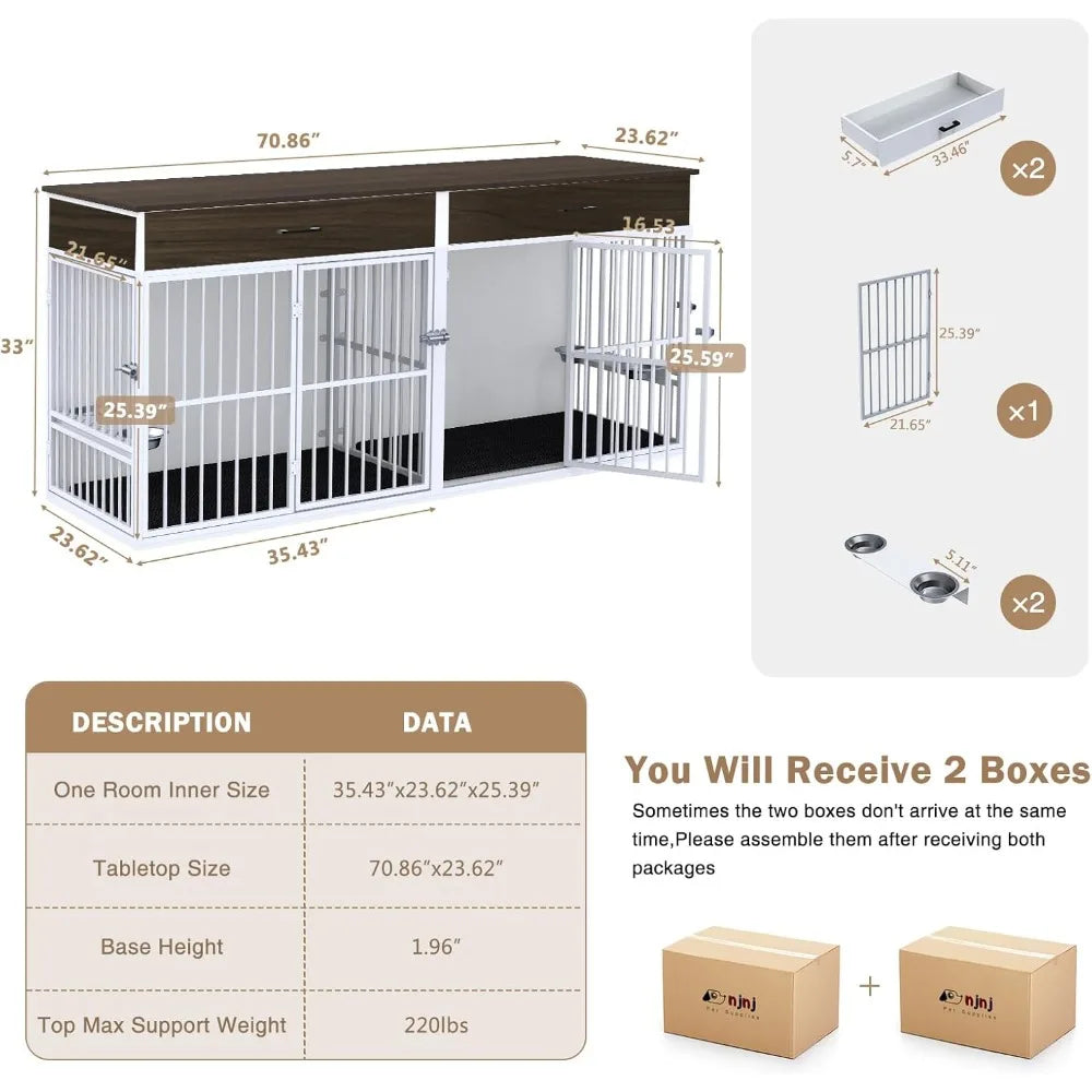 71 Inch Heavy Duty Large Dog Crate 2 Dogs TV Stand Wood