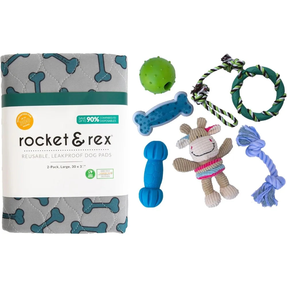 Rocket And Rex Premium Chew Toy Set And Reusable Pet Pads