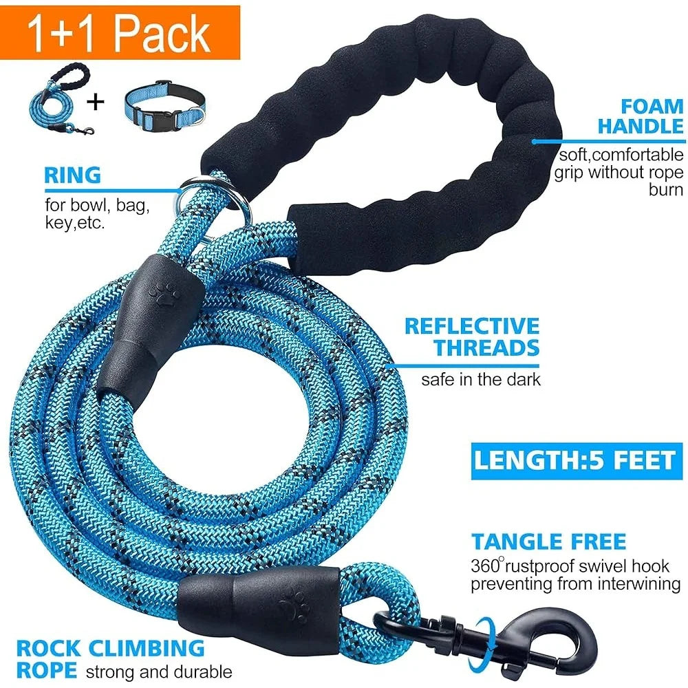 Adjustable Reflective Dog Collar Padded Neoprene Durable Nylon for Small Medium Large Dogs with Bonus 5ft Leash