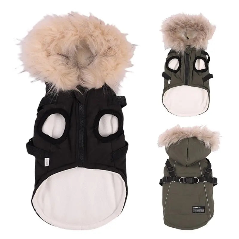 Autumn Winter Warm Dog Jacket With Harness Hooded Coat