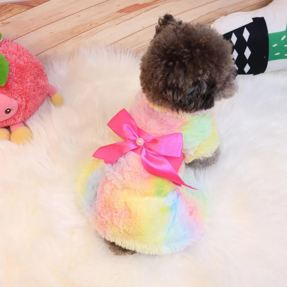 Winter Dog Dress Fleece Leopard Print Bow Plush Skirt