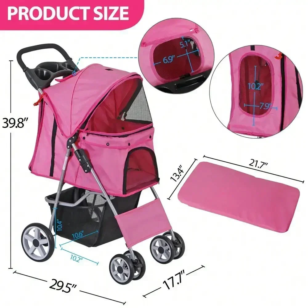 Foldable Carrier Strolling Cart 4 Wheel Pet Stroller, for Cat, Dog w/ Cup Holder