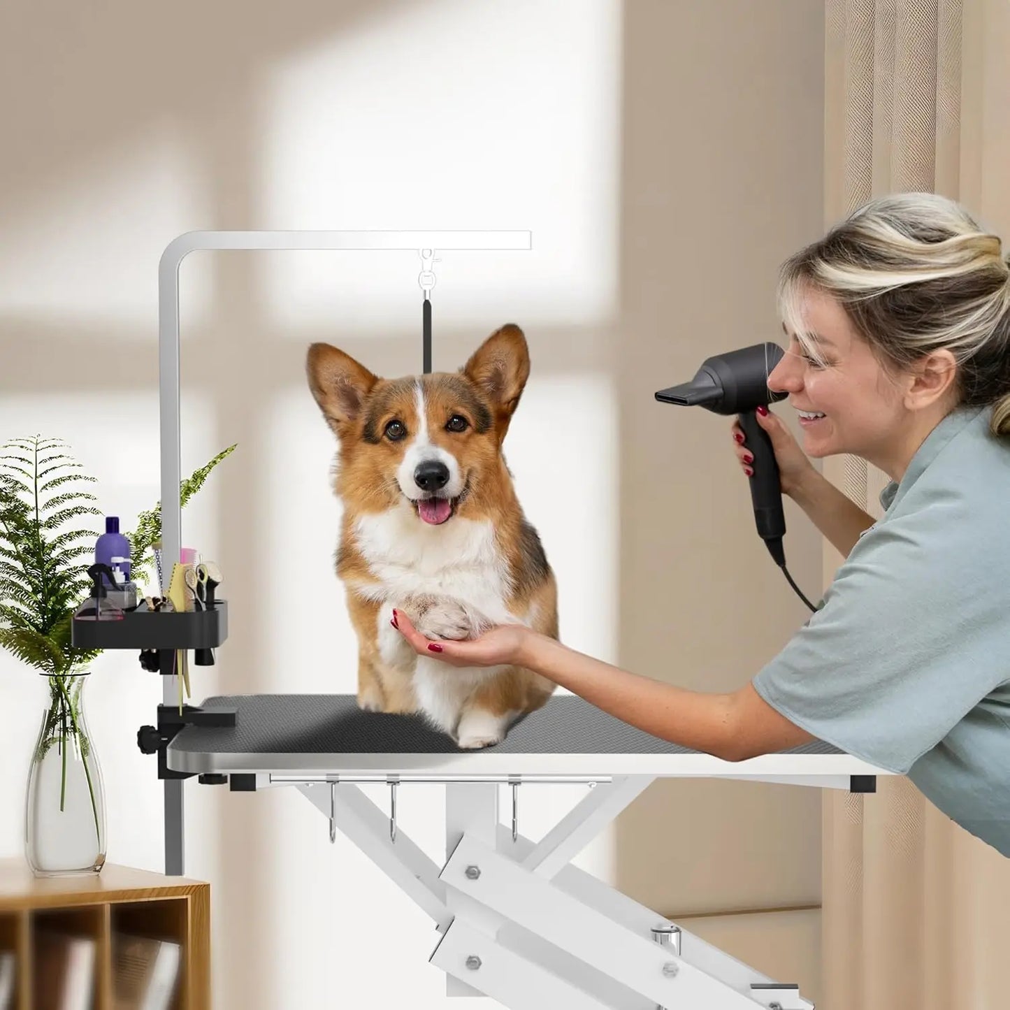 Hydraulic Pet Grooming Table with Anti Static Table Top Heavy Duty Z Lift Dog Grooming Table Adjustable Height 21 to 36 Inches with Armrests and Leash Covers 330 Pounds Capacity