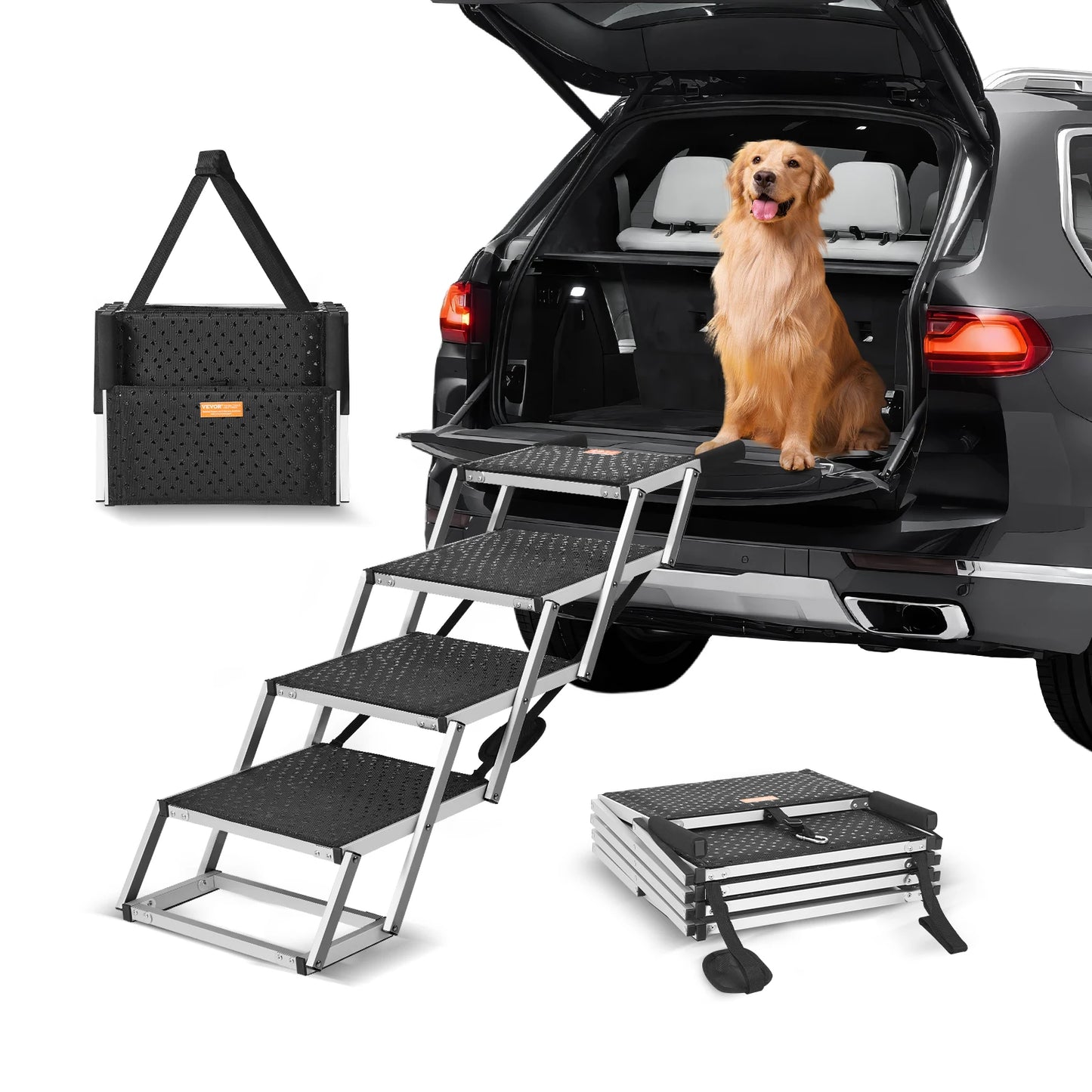 SucceBuy Dog Stair For Cars Wide Dog Car Steps Folding Portable Pet Steps Lightweight Aluminum Up To 150 Pounds