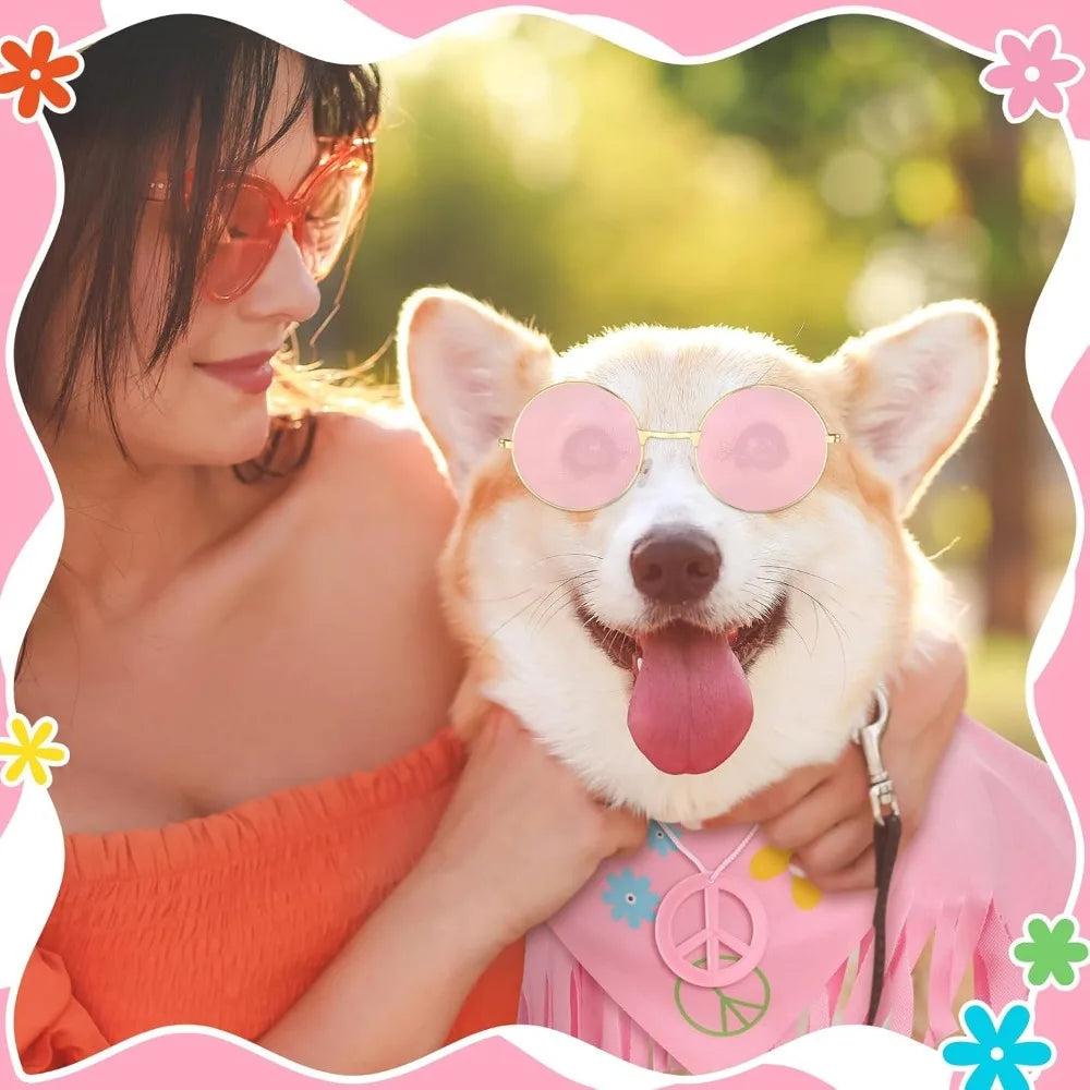Hippie Dog Halloween Costume Set Pink Cloak Bandana Necklace